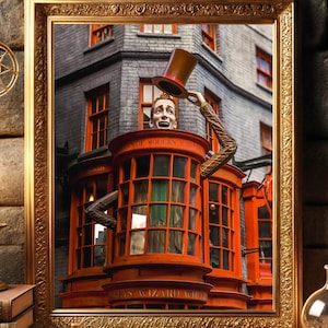 Puede incluir: Una impresión enmarcada con un marco dorado ornamentado. La impresión representa una escena caprichosa de una tienda con una figura sosteniendo un sombrero de copa. La tienda es naranja con el texto "Madam Malkin's Wizarding Robes".