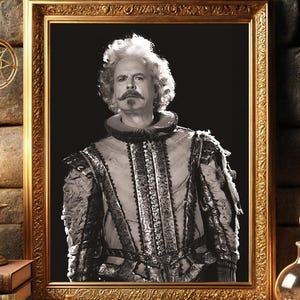 Puede incluir: Un retrato en blanco y negro enmarcado en oro de un hombre con ropa de época. El marco dorado se encuentra sobre un escritorio con libros, velas y una pluma. Cristales decorativos y una brújula colgante completan la estética vintage.