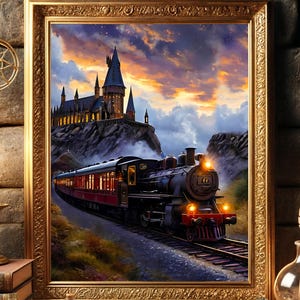 May include: A framed print of a train traveling towards a castle under a sunset sky. The print is in a gold frame and is surrounded by candles, books, and decorative crystals. A quill and inkwell are also present.