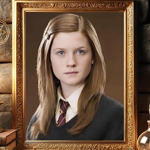 May include: A framed portrait of a young woman with long, light brown hair, wearing a school uniform. The portrait is in a gold ornate frame, surrounded by candles, books, and a quill. The background is a brick wall.
