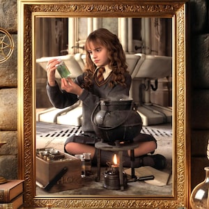 Puede incluir: Imagen enmarcada de una persona joven con uniforme escolar, sosteniendo un vial de líquido verde, con un caldero y velas. El marco es dorado y el fondo es una pared de piedra. Una pluma y un tintero están sobre la mesa.