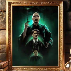 May include: A framed print of a portrait featuring three men. The man in the center is wearing a dark green robe and has a wand in his hand. The man on the left is wearing a dark green robe and has a wand in his hand. The man on the right is wearing a dark green robe and has a wand in his hand.