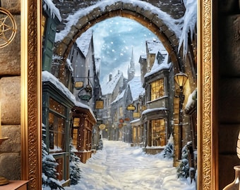 Wizard Village Poster Snowy Magic Winter Town Enchanted Christmas Scene Fantasy Art (Digital Download)