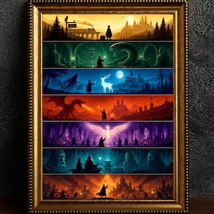May include: A framed wall art print featuring seven horizontal panels in a vertical stack, each depicting a different fantasy scene with distinct colour palettes including gold, green, blue, red, purple, teal, and orange, all enclosed in a gold frame.