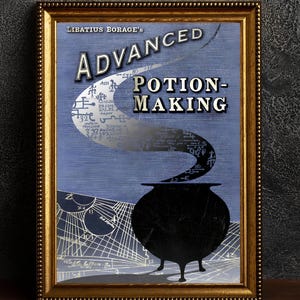 May include: Framed print featuring the text "LIBATIUS BORAGE'S ADVANCED POTION-MAKING." The image shows a black cauldron with steam rising against a blue background. The frame is gold.