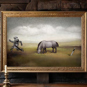 May include: A framed painting featuring a knight in silver armor running across a grassy field toward a grey horse grazing in the distance, with a sword stuck in the ground nearby, all set against a cloudy sky with a visible crackled texture.