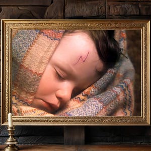 Puede incluir: Retrato enmarcado de un niño dormido, envuelto en una manta estampada. El niño tiene una cicatriz en forma de rayo en la frente. El marco es dorado y el fondo es una pared de ladrillos.