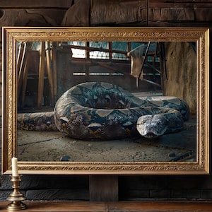 May include: A framed print featuring a large snake with a patterned body, resting on a stone floor. The snake's head is in the foreground, with a detailed background of a rustic interior. The frame is gold-colored.