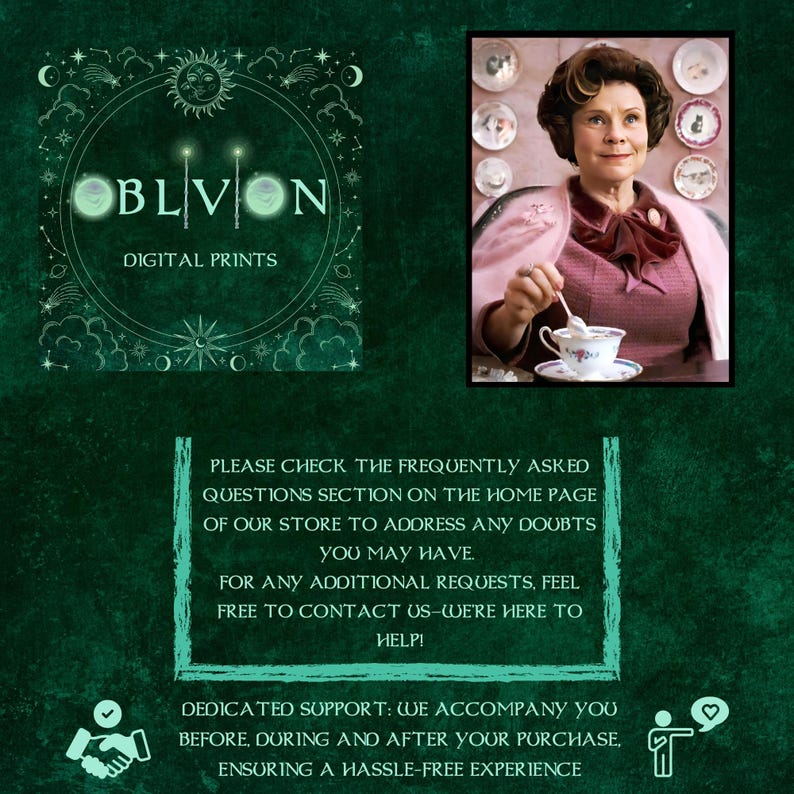 以下が含まれることがあります： 「BLVON DIGITAL PRINTS」の文字が円形デザインで配置されたデジタルプリントの広告。女性がティーカップを持っているポートレートと、カスタマーサポートとよくある質問に関するテキストが含まれています。