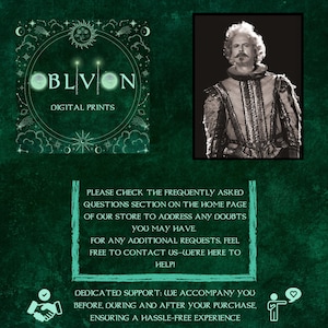May include: An advertisement for digital prints on a dark green background. The top left features a circular logo with the word "OBLIVION" and the text "DIGITAL PRINTS". A black and white portrait of a man in historical clothing is on the top right. Text below provides customer support information.
