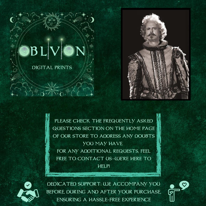 May include: An advertisement for digital prints on a dark green background. The top left features a circular logo with the word "OBLIVION" and the text "DIGITAL PRINTS". A black and white portrait of a man in historical clothing is on the top right. Text below provides customer support information.