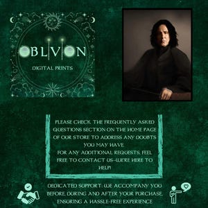 Op de afbeelding: Een digitale print met een portret van Severus Snape, een fictief personage uit de Harry Potter-serie. De print is omlijst door een groene achtergrond met een cirkelvormig ontwerp met sterren en manen. De tekst "OBLVION DIGITAL PRINTS" wordt bovenaan de afbeelding weergegeven.