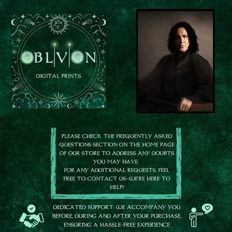 Op de afbeelding: Een digitale print met een portret van Severus Snape, een fictief personage uit de Harry Potter-serie. De print is omlijst door een groene achtergrond met een cirkelvormig ontwerp met sterren en manen. De tekst "OBLVION DIGITAL PRINTS" wordt bovenaan de afbeelding weergegeven.