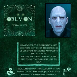 May include: A digital print featuring a portrait of a character with a pale complexion and a long, thin nose. The background is a dark green color with a white circle containing the text "OBLVION DIGITAL PRINTS". The text "PLEASE CHECK THE FREQUENTLY ASKED QUESTIONS SECTION ON THE HOME PAGE OF OUR STORE TO ADDRESS ANY DOUBTS YOU MAY HAVE. FOR ANY ADDITIONAL REQUESTS, FEEL FREE TO CONTACT US-WE'RE HERE TO HELP! DEDICATED SUPPORT: WE ACCOMPANY YOU BEFORE, DURING AND AFTER YOUR PURCHASE, ENSURING A HASSLE-FREE EXPERIENCE" is also visible in the image.