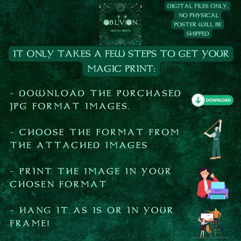 May include: A dark green digital print with white text and illustrations. The text reads "It only takes a few steps to get your magic print." Instructions include downloading, choosing a format, printing, and hanging. The top right corner states "Digital files only. No physical poster will be shipped."