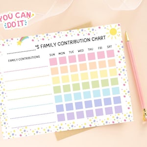 May include: A printable chart with a rainbow color scheme and a star pattern. The chart is titled "'S Family Contribution Chart" and has columns for each day of the week. There is a section for "Family Contributions" with blank lines for writing.
