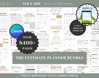 May include: A digital planner bundle with over 8400 pages, including daily, weekly, and monthly planners, plus Canva mockups. The image features various planner pages with the text "The Ultimate Planner Bundle" and "Instant Download | Canva | Google Sheets."