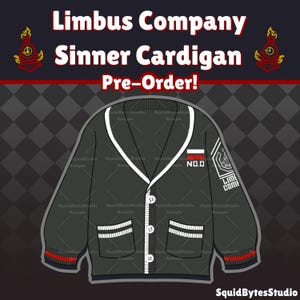 May include: A dark gray V-neck cardigan featuring white trim, four white buttons, and two front pockets with white striped cuffs. The chest displays a white and red patch labeled NO.0, while the sleeve features a white graphic and text LIME COMP.