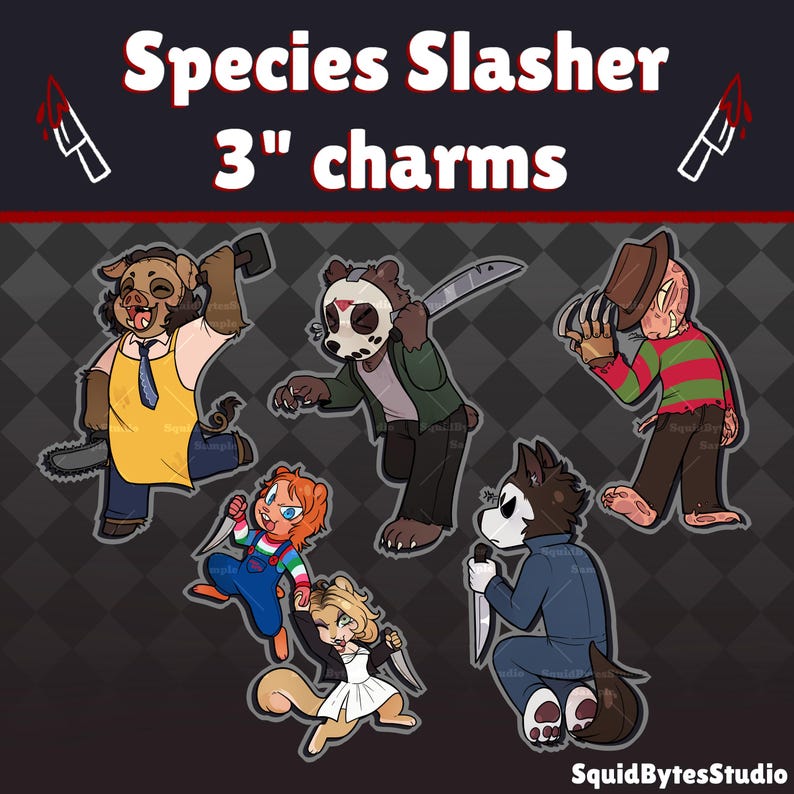 K&ouml;nnte beinhalten: Illustration von 3-Zoll-Anh&auml;ngern mit Horrorfilmfiguren als Tiere. Die Charaktere umfassen ein Schwein mit einer Kettens&auml;ge, einen B&auml;ren mit einer Machete, einen B&auml;ren mit einer Hockeymaske, einen Wolf mit einem Messer, eine Puppe mit einem Messer und ein Eichh&ouml;rnchen mit einem Messer.
