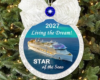 Royal Caribbean Cruise Ornament:  personalized,  silver, gold or white glitter trim, with or without bow, keepsake, souvenir, memento, gift