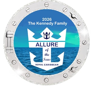 PERSONALIZED Royal Caribbean Cruises Cabin Door Magnet, Anchor/Porthole design, ALL SHIPS, cabin decor, glitter accents