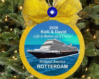 Holland America Cruise Ornament, personalized, ALL SHIPS, Gold or Silver Glitter, Optional Magnet