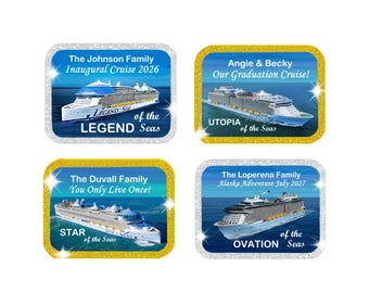 Royal Caribbean Personalized Cruise Door Magnet: 4 Sizes, ALL SHIPS, Gold or Silver Glitter Frame