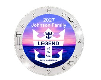 PERSONALIZED Royal Caribbean Cruises Cabin Door Magnet, Anchor/Porthole Sunset design, ALL SHIPS, cabin decor, glitter accents