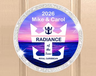 PERSONALIZED Royal Caribbean Cruises Cabin Door Magnet, Round Sunset design, ALL SHIPS, cabin decor, glitter accents