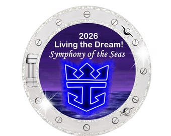 Royal Caribbean Cruises Personalized Cabin Door Magnet, 8" round, FREE Small Keepsake Magnet, ALL SHIPS, porthole, cabin decor, glitter