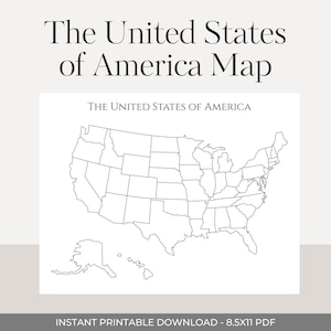 Może przedstawiać: Czarno-biała mapa Stanów Zjednoczonych Ameryki z obrysami stanów. Tekst "The United States of America Map" znajduje się na górze. Na dole obrazu widnieje napis "INSTANT PRINTABLE DOWNLOAD - 8.5X11 PDF".