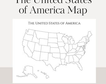 May include: A black and white map of the United States of America, with state outlines. The text "The United States of America Map" is at the top. The bottom of the image reads "INSTANT PRINTABLE DOWNLOAD - 8.5X11 PDF".