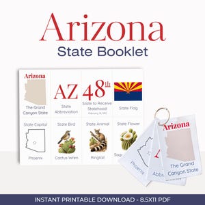 Puede incluir: Un folleto imprimible del estado de Arizona con el contorno, la bandera y los símbolos del estado. El folleto incluye la abreviatura, la capital, el ave, el animal y la flor del estado. El texto "Arizona State Booklet" está en la parte superior.