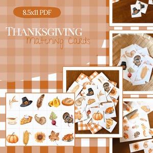 May include: Thanksgiving matching cards featuring watercolour illustrations of pumpkins, turkey, corn, and other autumn harvest items. The cards are arranged on a checkered orange and white background. Text on the image reads "8.5x11 PDF" and "Thanksgiving matching cards."