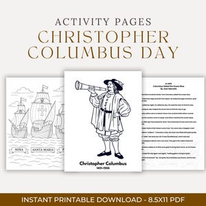 Puede incluir: Páginas de actividades imprimibles para el Día de la Raza. La imagen muestra tres páginas. Una página presenta un dibujo lineal de barcos, y otra representa a Cristóbal Colón con un telescopio. La tercera página contiene texto. El texto en las páginas incluye "Niña", "Santa María" y "Cristóbal Colón 1451-1506".
