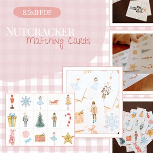 Puede incluir: Un conjunto de tarjetas de emparejamiento de Cascanueces con ilustraciones en acuarela. Las tarjetas presentan imágenes de un soldado de juguete, un copo de nieve, una bailarina, un trineo, un regalo, un árbol de Navidad, un bastón de caramelo, un tambor y una estrella.