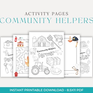May include: A set of printable activity pages titled "Community Helpers." The pages feature illustrations of community helpers like paramedics, firefighters, and farmers, along with related objects and mazes. The pages are 8.5x11 inches.