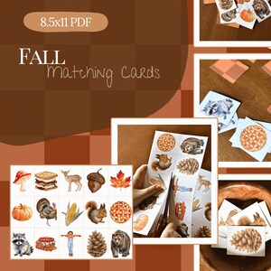 May include: A collection of fall-themed matching cards with watercolor illustrations. The cards feature images of pumpkins, acorns, animals, and other autumn elements. The text "FALL matching cards" is displayed on the image, along with "8.5x11 PDF".