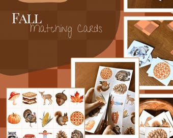 May include: A collection of fall-themed matching cards with watercolor illustrations. The cards feature images of pumpkins, acorns, animals, and other autumn elements. The text "FALL matching cards" is displayed on the image, along with "8.5x11 PDF".