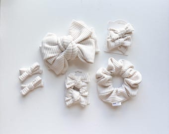 Cream, neutral rib knit messy oversized headwraps, piggie bow sets, scrunchies, head wraps for babygirl