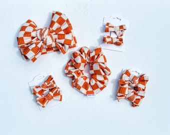 Orange and white checkered wavy messy oversized headwraps, piggie bow sets, scrunchies, head wraps for babygirl