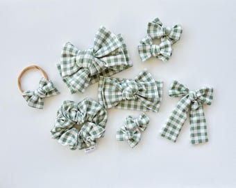 Sage gingham messy oversized headwraps, piggie bows, babygirl headwraps