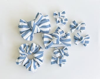 Blue and white stripe rib knit messy oversized headwraps, piggie bow sets, scrunchies, head wraps for babygirl