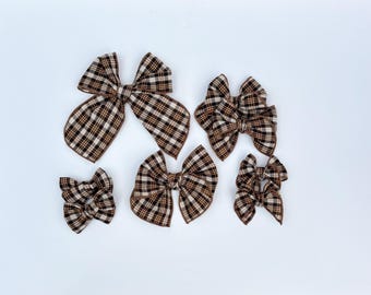 Brown Plaid Fable Bows with brown trim, Baby Girl Hair Accessories, fall bows