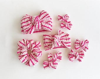 Hot pink striped wavy rib knit messy oversized headwraps, piggie bow sets, scrunchies, head wraps for babygirl