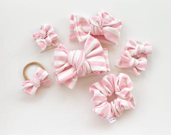 Pink and white stripe messy oversized headwraps, piggie bows, babygirl headwraps,