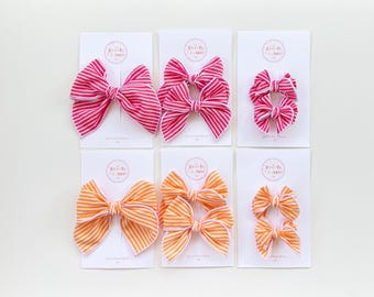 Pink stripe fable bows,Orange stripe fable bows, nylon headband, mini fable bows, babygirl bows