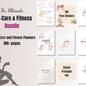 Zelfzorg- en fitnessbundel Digitale voedingsplanner Minimalistisch digitaal dagboek Grafiek geestelijke gezondheid Stappentracker Fitnessplanner