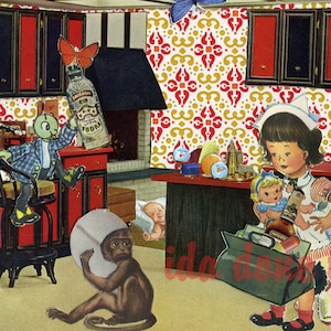 May include: A collage featuring a red and black kitchen with a girl in a nurse's uniform holding a doll and a bottle of vodka. There is a monkey wearing a white hat, a green bug sitting on a chair, and a bottle of vodka on the counter. The background is a red and gold patterned wallpaper.