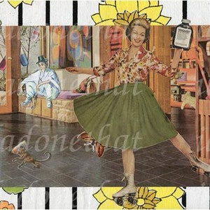 May include: A woman wearing a floral top and a green skirt is roller skating. She is holding a bottle of medicine labeled "BONDAROFF". The background is a collage of different patterns and images.